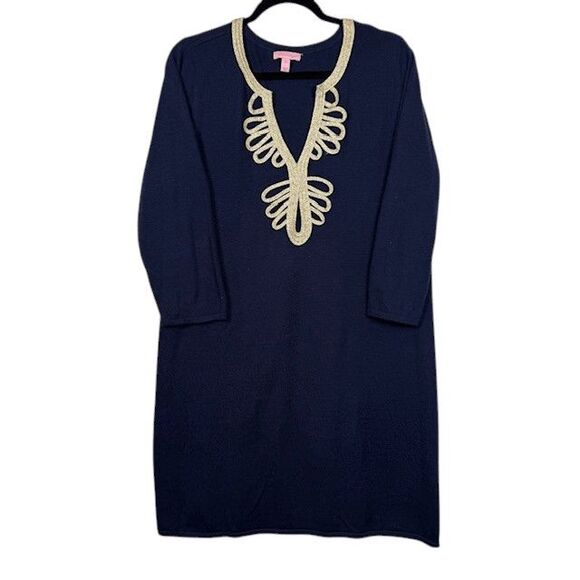 Lilly Pulitzer Delvin Merino Wool Sweater Dress Navy with Metallic Gold Size XL - Picture 2 of 11